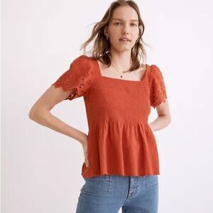 New Madewell Eyelet-Sleeve Lucie Orange Smocked Peplum Top Size XS